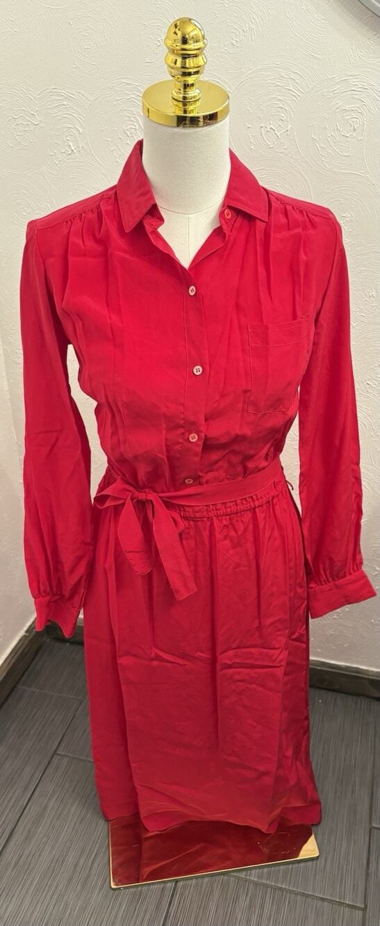 Vintage Christopher Red Long Sleeve Belted Button Down Silk Shirt Dress Womens 6